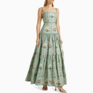 Agua by Agua Bendita Lima Hand-Embroidered Green Floral Linen Maxi Dress